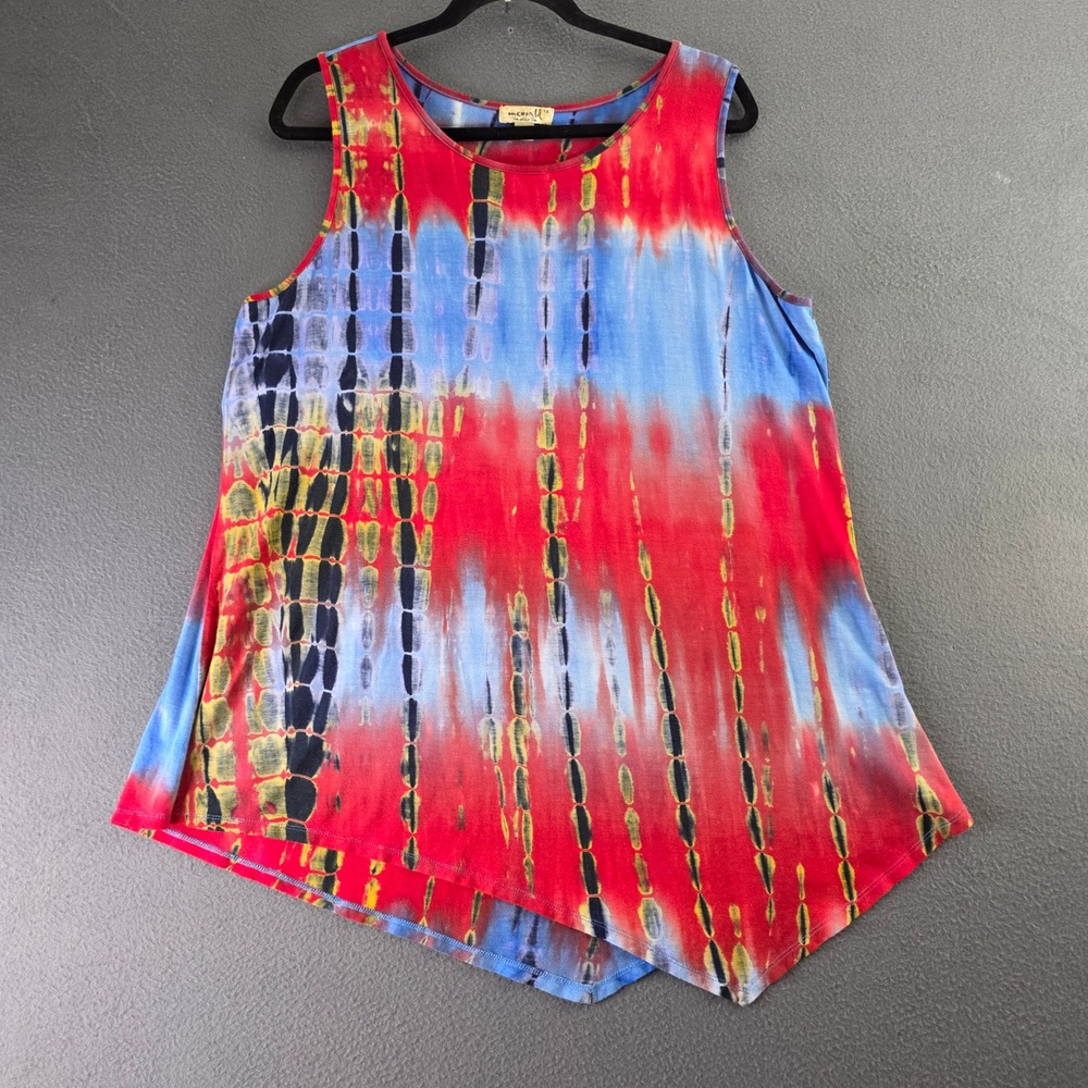 One World Tie Dye Sharkbite Hem Tank Top Red Blue Yellow 1X Asymmetrical